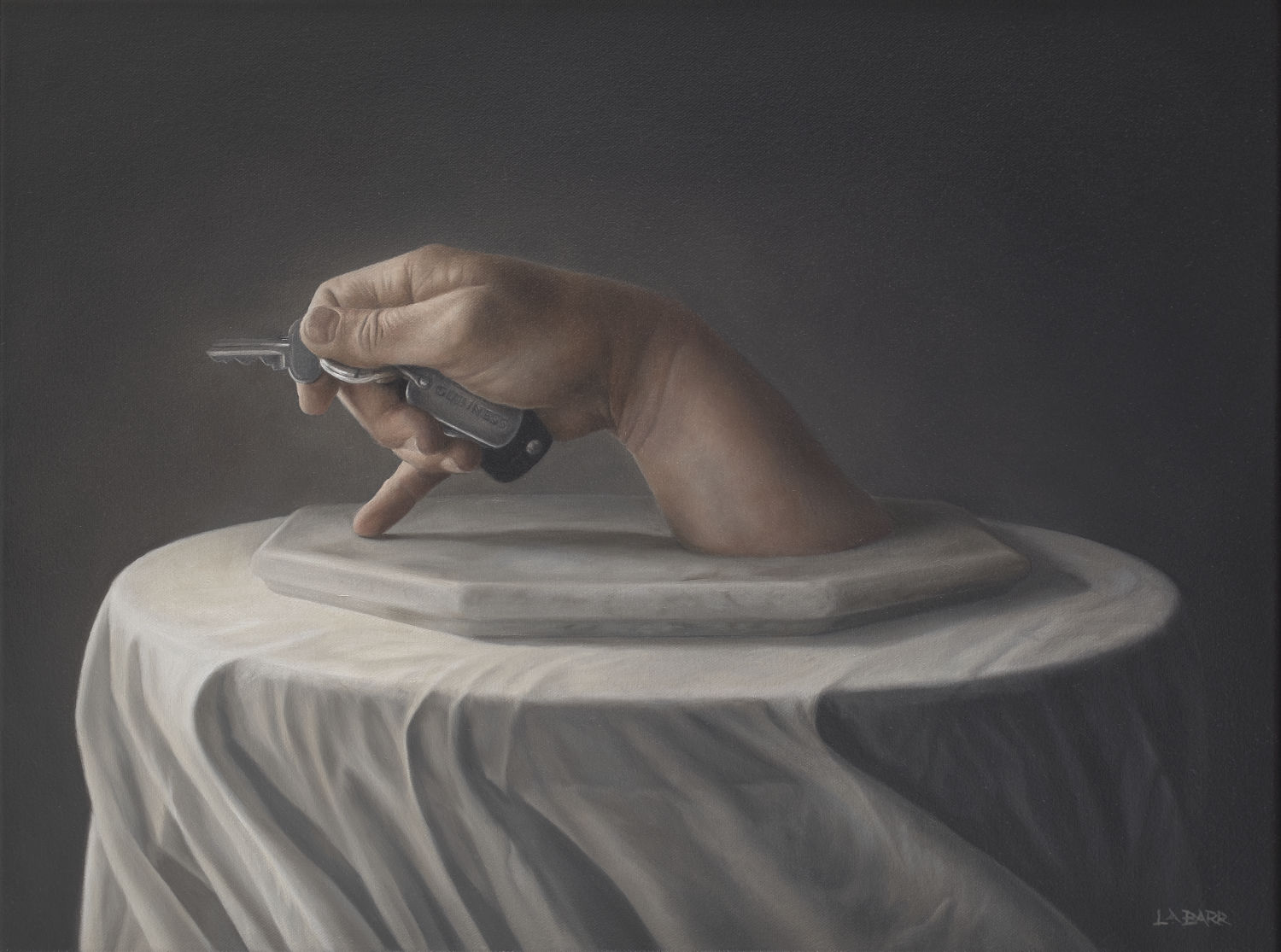 Still life painting of arm resting on a plinth holding keys