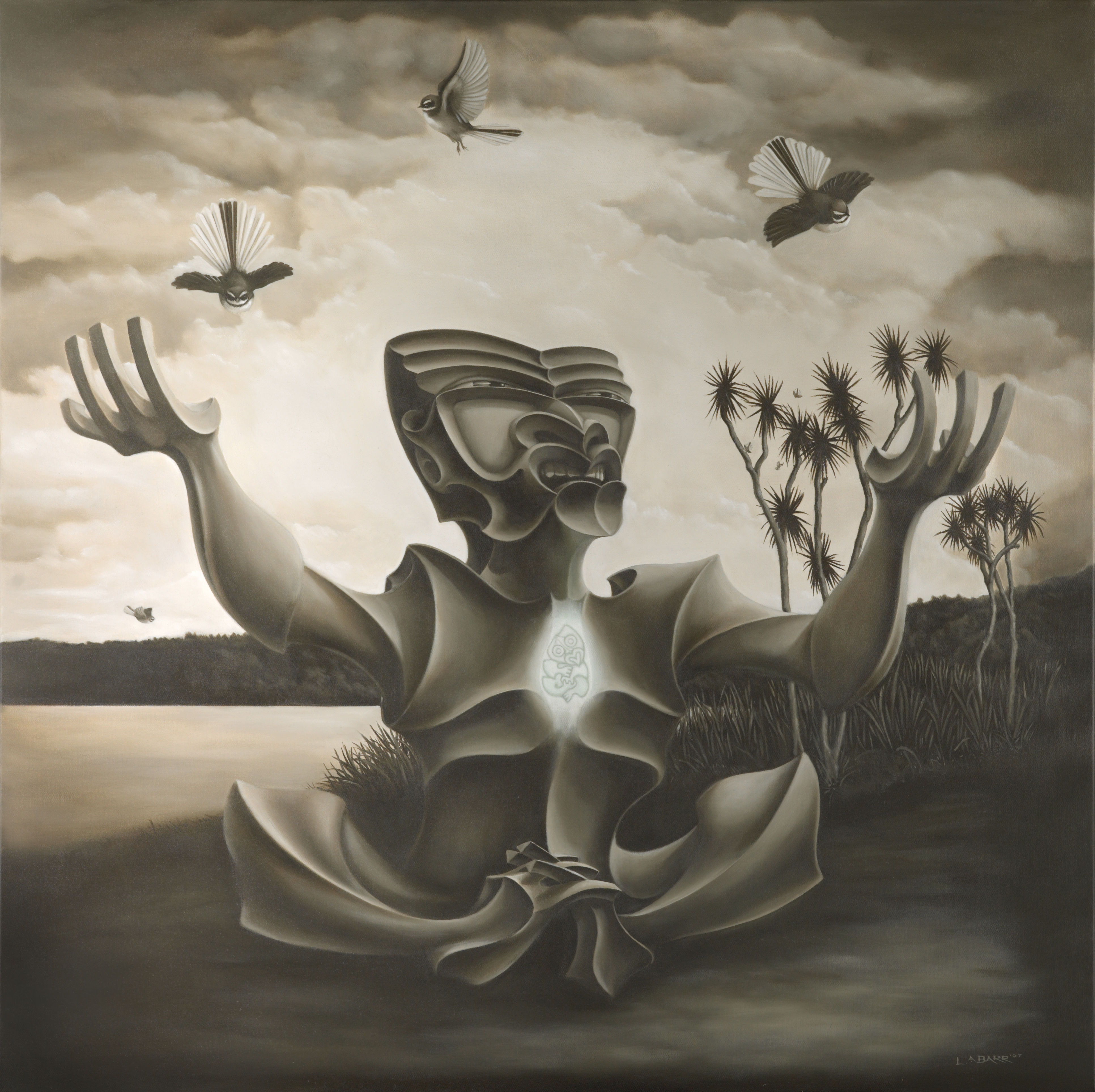 Tiki figure prays with Piwakawaka on the lake's edge painting from Liam Barr