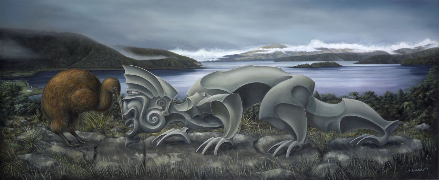 Taniwha and Kiwi meet and hongi in greeting, painting from Liam Barr