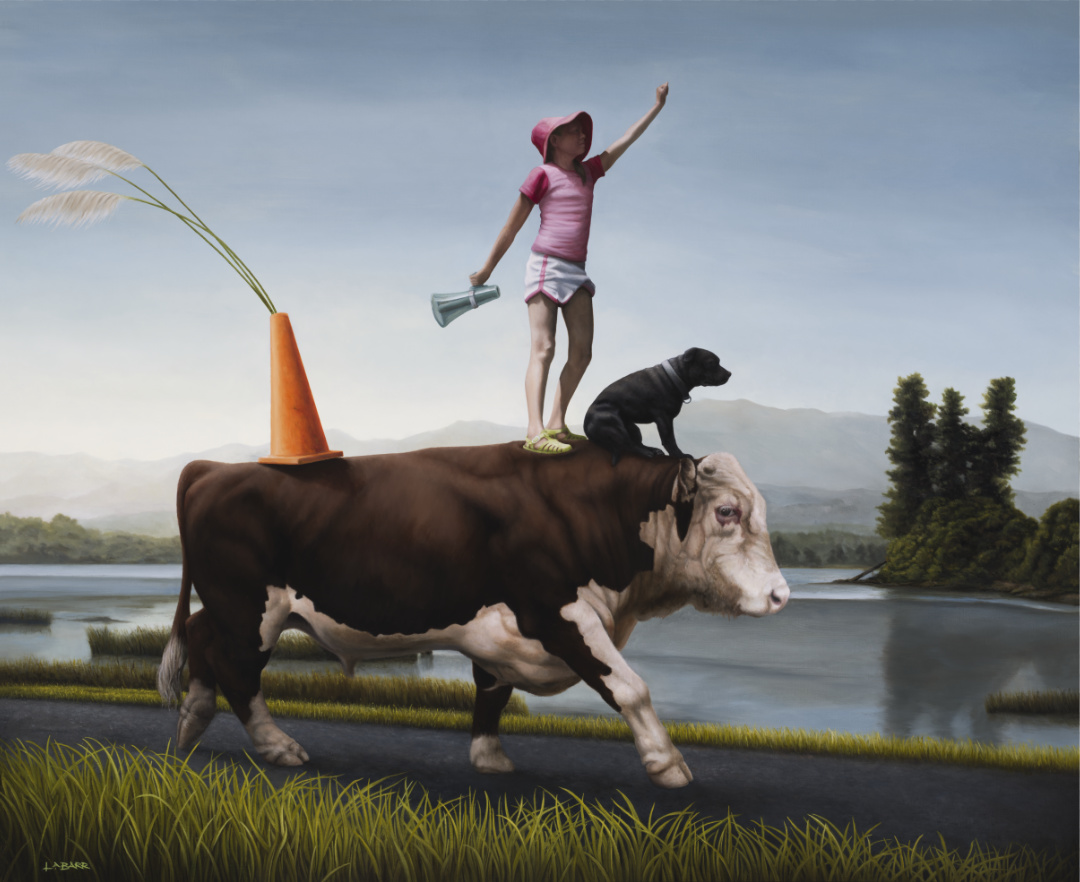 Painting of a girl and dog riding a steer