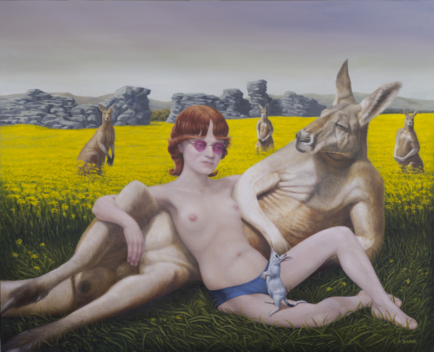 Painting of a girl chilling with kangaroo.