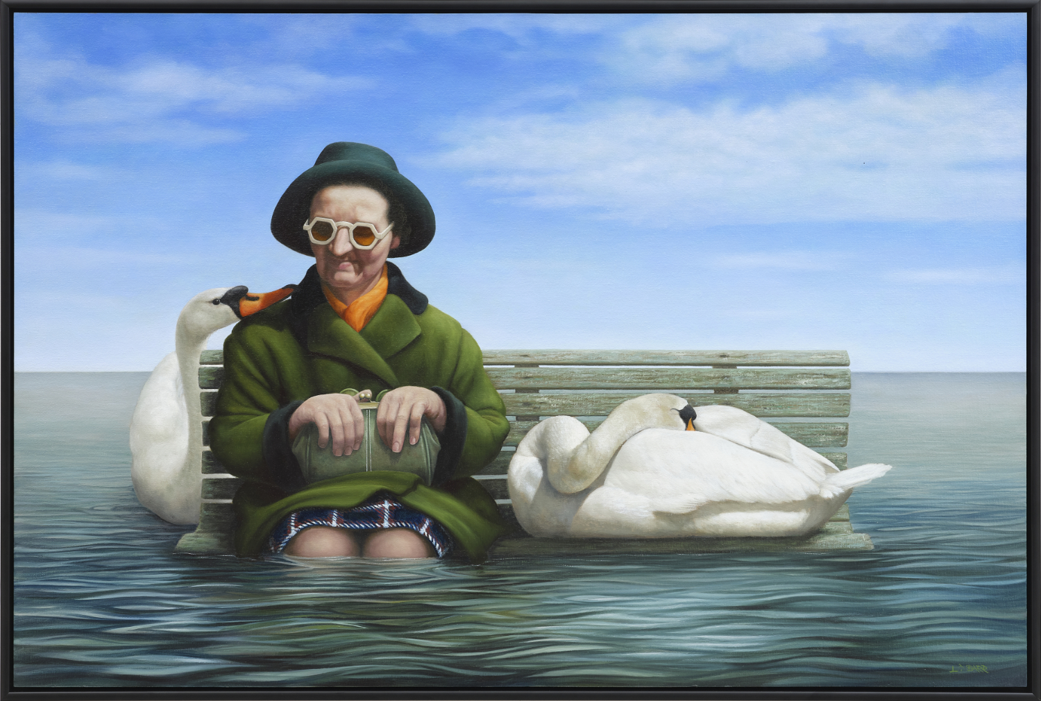 Painting of a woman sitting on a park bench with swans.